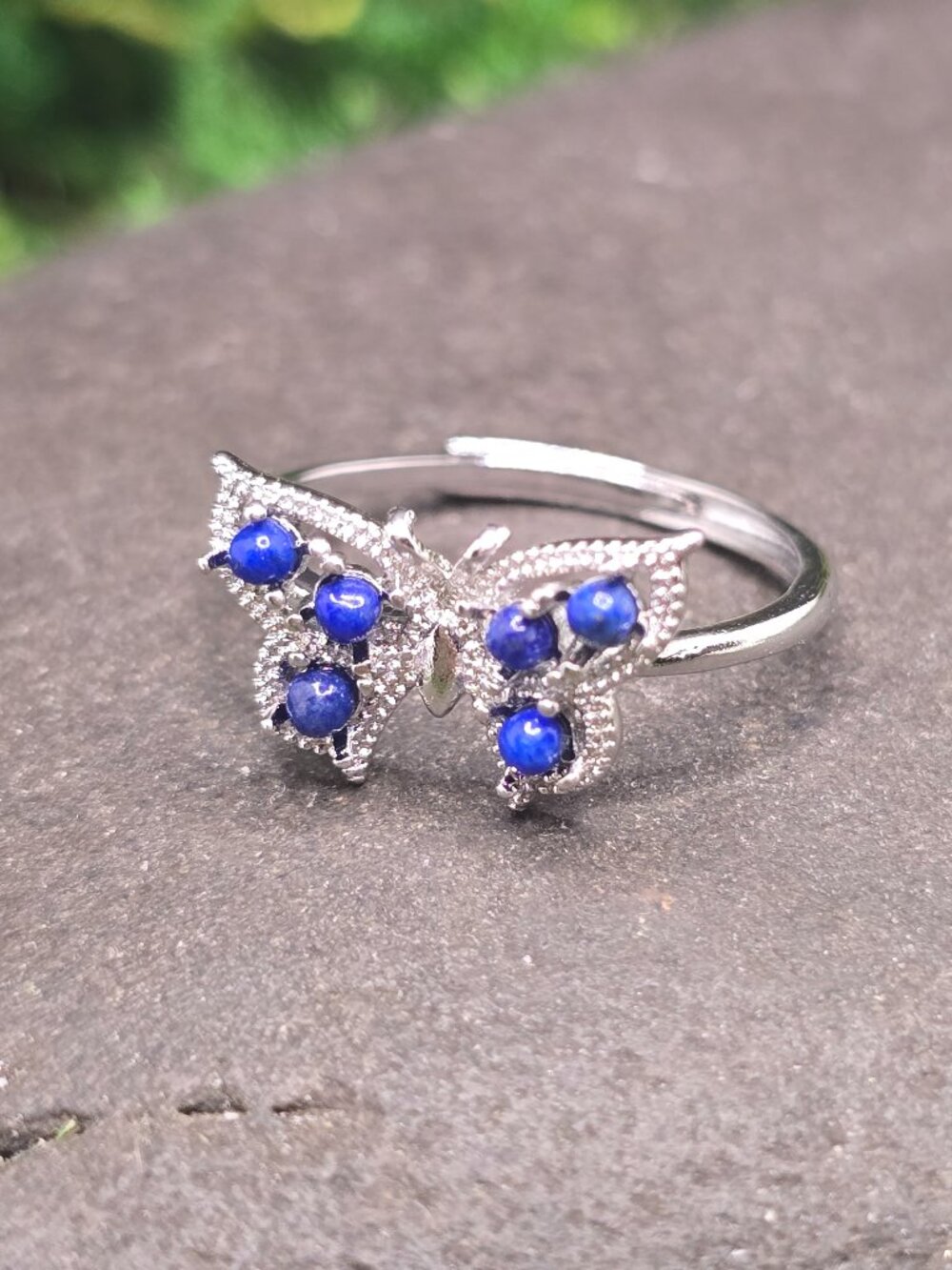 Lapis Lazuli Butterfly Adjustable Ring Size 6-10 Silver Tone Jewelry